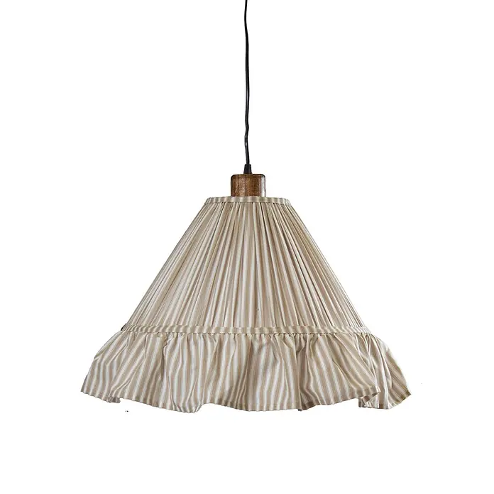 PR Home Pendelleuchte Estrid - 40 W, E27 - Hängelampe mit gestreiftem Stoffschirm in Beige-Weiß, plissiert und mit Rüschensaum, Holzakzent.