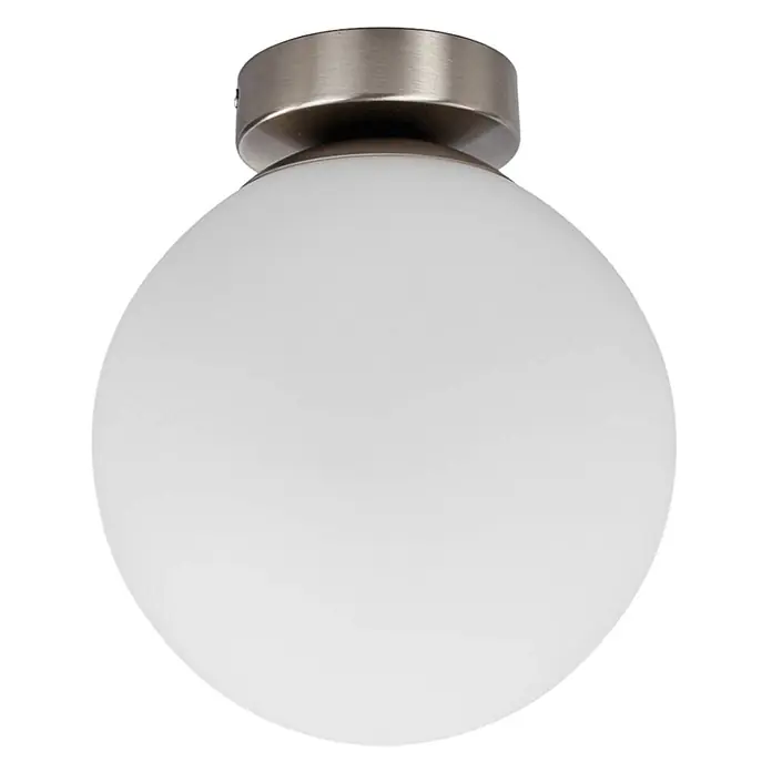 Lindby Deckenleuchte Lennie - L x B x H: 20 x 20 x 22,5 cm, weiß / opal, E27 - Weiße mattierte kugelförmige Deckenleuchte mit einer Basis aus gebürstetem Metall.