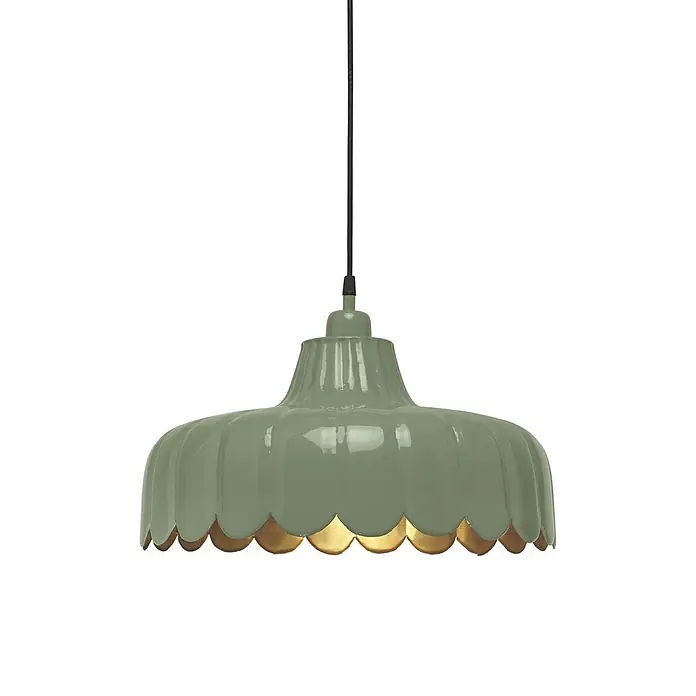 PR Home Pendelleuchte Wells - 25 W, E27 - Salbeigrüne Pendelleuchte mit Wellenkante und goldener Innenseite.