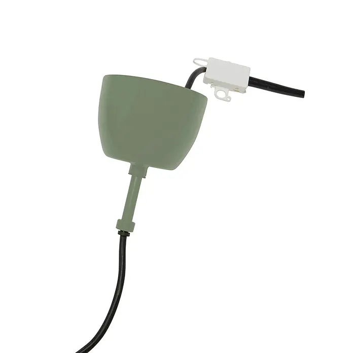 PR Home Pendelleuchte Wells - 25 W, E27 - Salbeigrüne Deckenrosette/Baldachin für eine Pendelleuchte, mit weißem Stromanschluss und schwarzem Kabel.