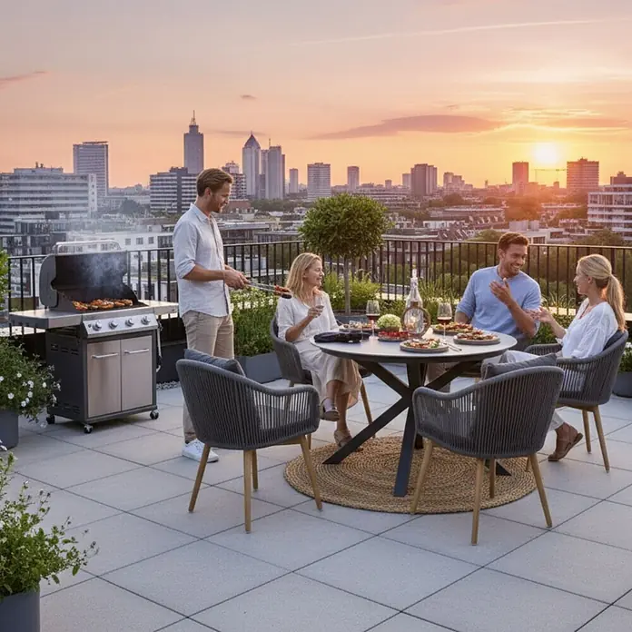 Bene Living Gartentisch-Set Solana mit Tisch Almeria - Gesamtumfang: 5 -tlg., Aluminium pulverbeschichtet, Rope-Geflecht, massive Teakholzbeine, Tischplatte aus gesintertem Stein (Keramik) - Freunde genießen ein Dachterrassen-Grillfest bei Sonnenuntergang mit Edelstahl-Gasgrill und grauer Outdoor-Sitzgruppe.