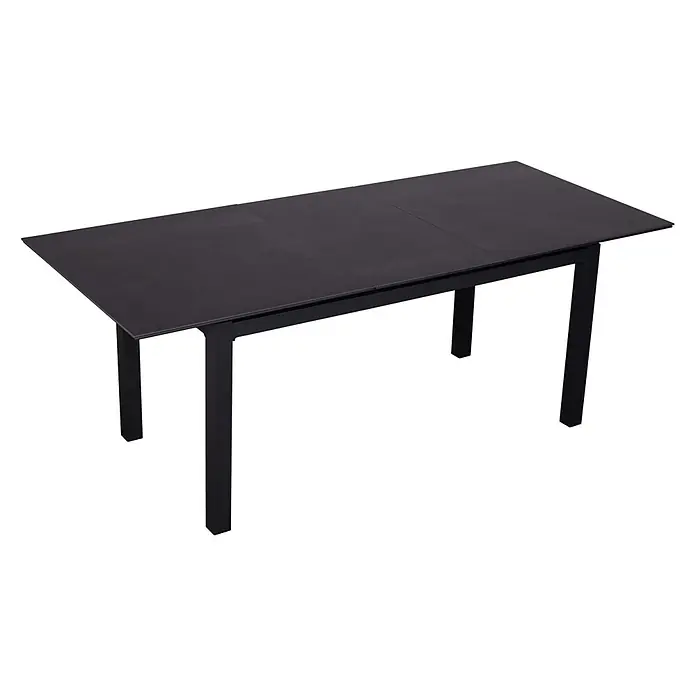 Bene Living Gartentisch-Set Merida + Hocker mit Tisch Tarifa - Gesamtumfang: 8 -tlg., Aluminium pulverbeschichtet, Textilene, Keramik, Rückenlehne verstellbar - Dunkelgrauer rechteckiger ausziehbarer Esstisch mit stabilem Metallrahmen und -beinen.