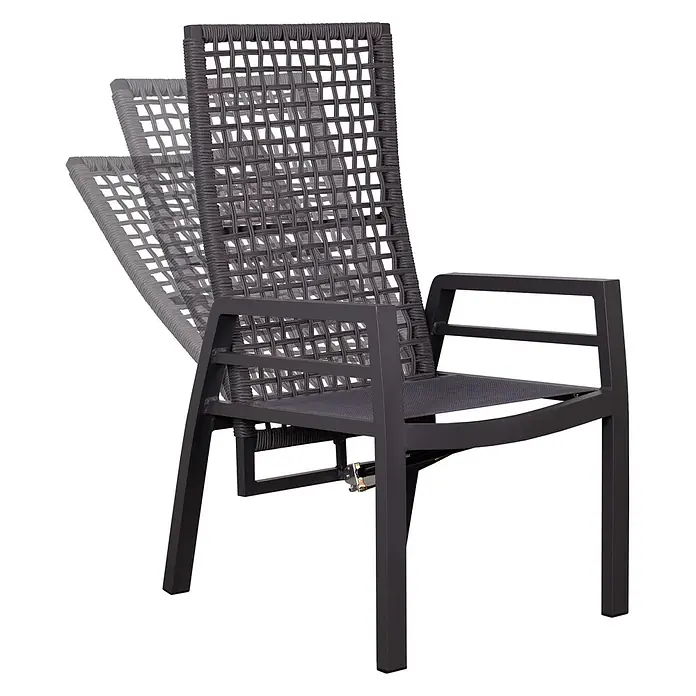 Bene Living Gartentisch-Set Lucena mit Tisch Malaga - Gesamtumfang: 7 -tlg., Aluminium pulverbeschichtet, Textilene, Rope-Geflecht und Tischplatte aus gesintertem Stein (Keramik), Rückenlehne verstellbar - Dunkelgrauer Garten-Liegestuhl mit geflochtener Rückenlehne und Sitz, der sich in verschiedene Neigungspositionen verstellen lässt.