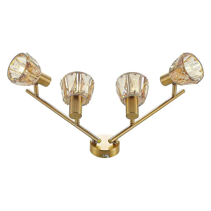 Lindby Deckenleuchte Kosta - L x B x H: 70 x 15,5 x 18 cm, messing / gold, klar / transparent, E14 - Vierflammiger Deckenstrahler aus messingfarbenem Metall mit facettierten bernsteinfarbenen Kristallschirmen.