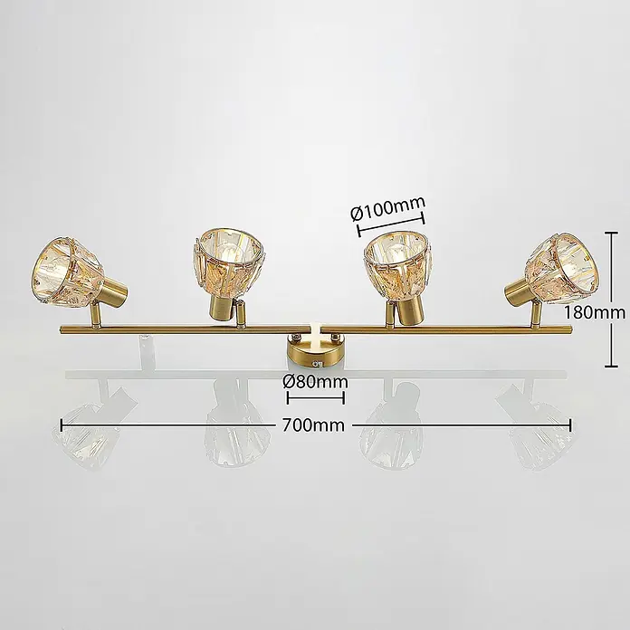 Lindby Deckenleuchte Kosta - L x B x H: 70 x 15,5 x 18 cm, messing / gold, klar / transparent, E14 - Vierflammige Messing-Deckenstrahlerleiste mit dekorativen Kristallschirmen. Verstellbare Spots, 700mm lang.