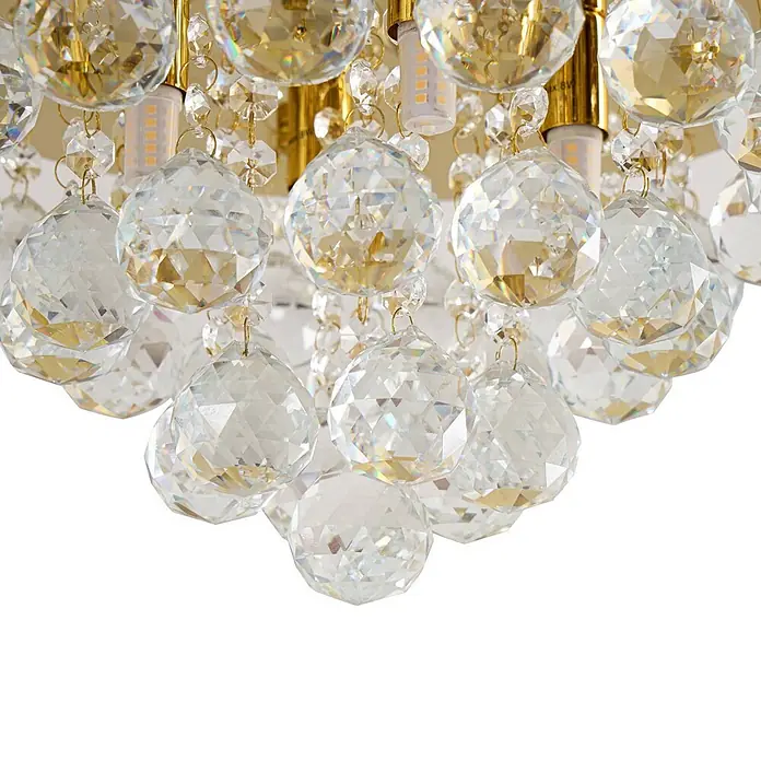 Lindby Deckenleuchte Gillion - messing / gold, klar / transparent, G9 - Kronleuchter mit facettierten klaren Kristallkugeln und goldenen Metallakzenten, mit integrierten LED-Birnen.