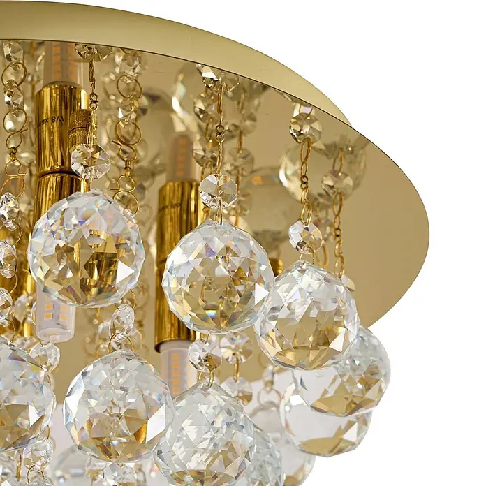 Lindby Deckenleuchte Gillion - messing / gold, klar / transparent, G9 - Goldfarbene Deckenleuchte mit mehreren hängenden facettierten Kristallkugeln und sichtbaren LED-Lampen.