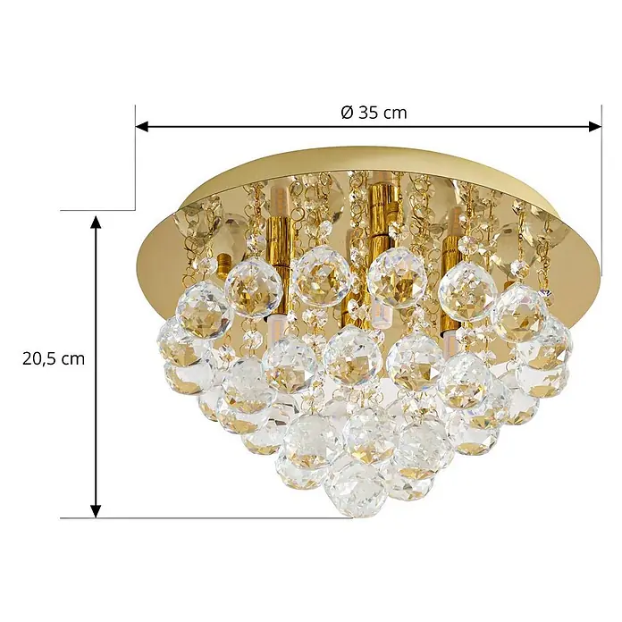 Lindby Deckenleuchte Gillion - messing / gold, klar / transparent, G9 - Goldene Deckenleuchte mit rundem Sockel und mehreren Reihen klarer, facettierter Kristallkugeln.