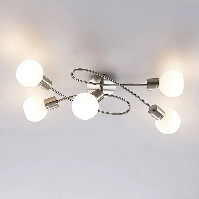Lindby Deckenleuchte Elaina - alu / grau / zink, E14 - Fünfflammige Deckenleuchte mit gebogenem Gestell aus satiniertem Chrom und runden, mattierten LED-Lampen.