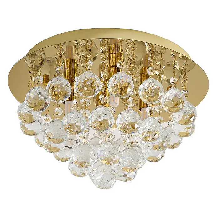 Lindby Deckenleuchte Gillion - messing / gold, klar / transparent, G9 - Goldene Deckenleuchte mit mehreren klaren, facettierten Kristallkugeln.