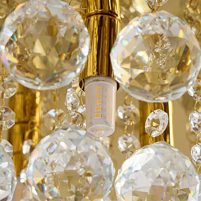 Lindby Deckenleuchte Gillion - messing / gold, klar / transparent, G9 - Goldener Kronleuchter mit facettierten Kristallanhängern und moderner LED-Glühbirne.