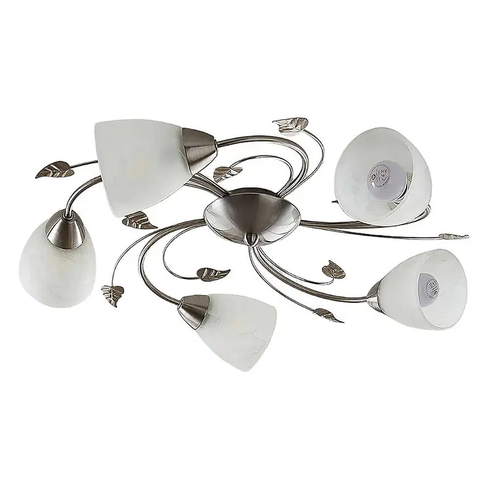 Lindby Deckenleuchte Yannie - L x B x H: 60 x 60 x 15 cm, alu / grau / zink, E14 - Fünfflammige Deckenleuchte aus gebürstetem Nickel mit weißen Milchglasschirmen und Metallblättern.