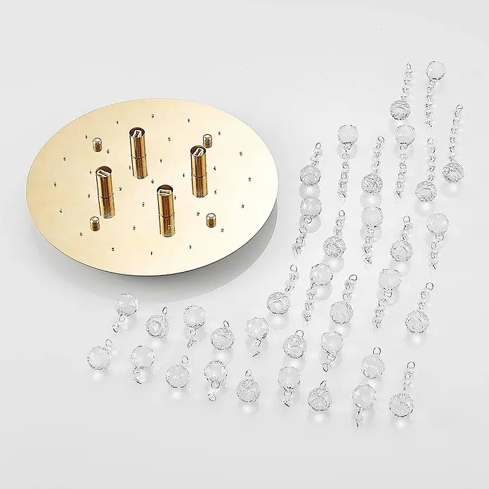 Lindby Deckenleuchte Gillion - messing / gold, klar / transparent, G9 - Goldene Deckenplatte mit Lampenfassungen und klaren facettierten Kristalltropfen für einen Kronleuchter.