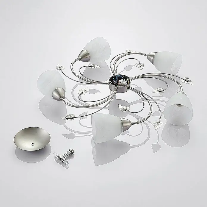 Lindby Deckenleuchte Yannie - L x B x H: 60 x 60 x 15 cm, alu / grau / zink, E14 - Sechsflammige Deckenleuchte mit gebürstetem silbernem Metallrahmen, Blattdetails und mattweißen Glasschirmen, mit Montageplatte.