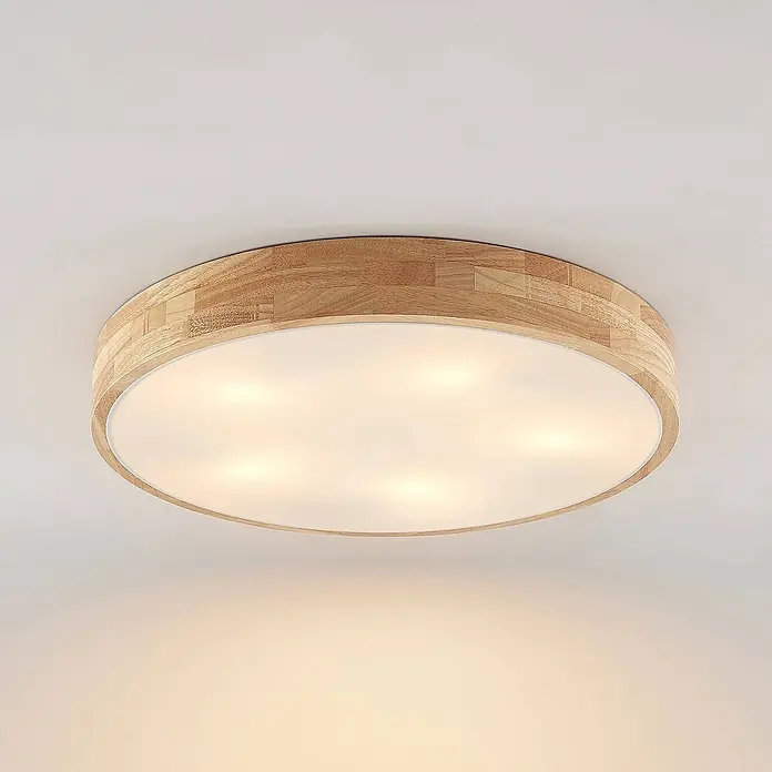 Lindby Deckenleuchte Tanju - Holz hell, E27 - Runde Deckenleuchte aus hellem Holz mit Mosaikmuster und weißem Diffusor, der ein warmes Licht abgibt.