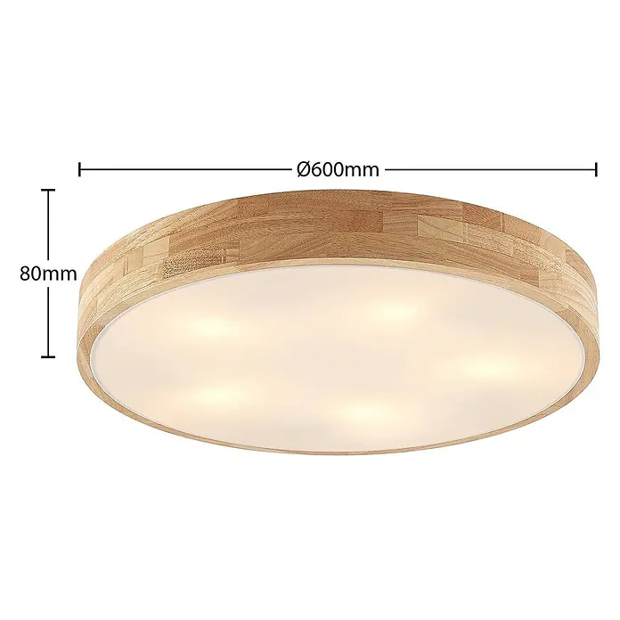 Lindby Deckenleuchte Tanju - Holz hell, E27 - Runde Deckenleuchte mit hellem Holzrahmen und weißem Diffusor, 600mm Durchmesser und 80mm Höhe.