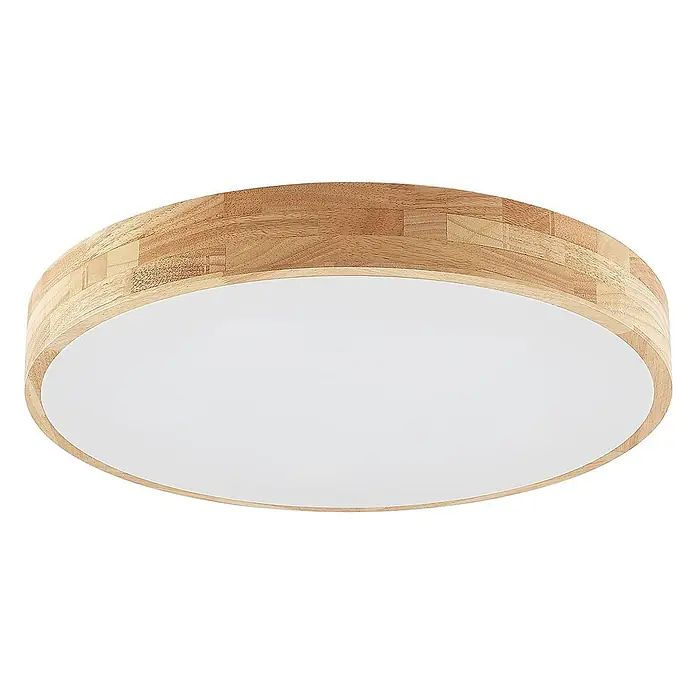 Lindby Deckenleuchte Tanju - Holz hell, E27 - Runde Deckenleuchte mit hellem Holzrahmen und weißem Diffusor.