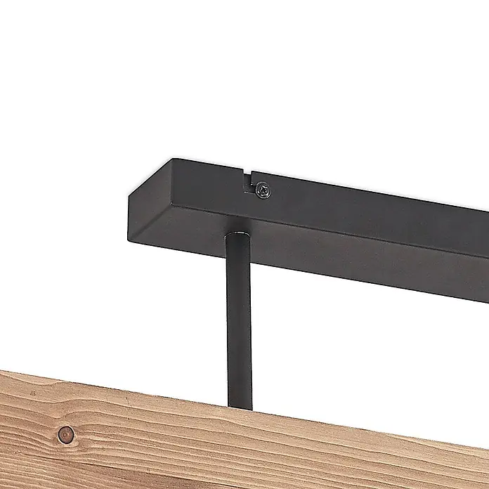 Lindby Deckenleuchte Malwin - L x B x H: 100 x 7 x 25 cm, Holz dunkel, GU10 - Dunkle Metallhalterung mit sichtbarer Schraube, über eine vertikale Stange an einem Holzbalken befestigt.