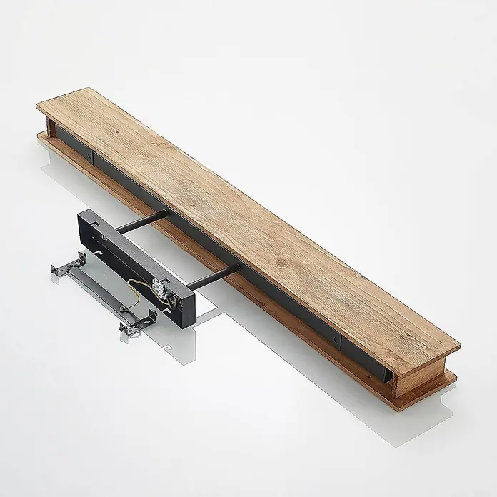Lindby Deckenleuchte Malwin - L x B x H: 100 x 7 x 25 cm, Holz dunkel, GU10 - Zerlegte Holz- und Schwarzmetall-Leuchte mit freiliegenden Kabeln und Halterungen.