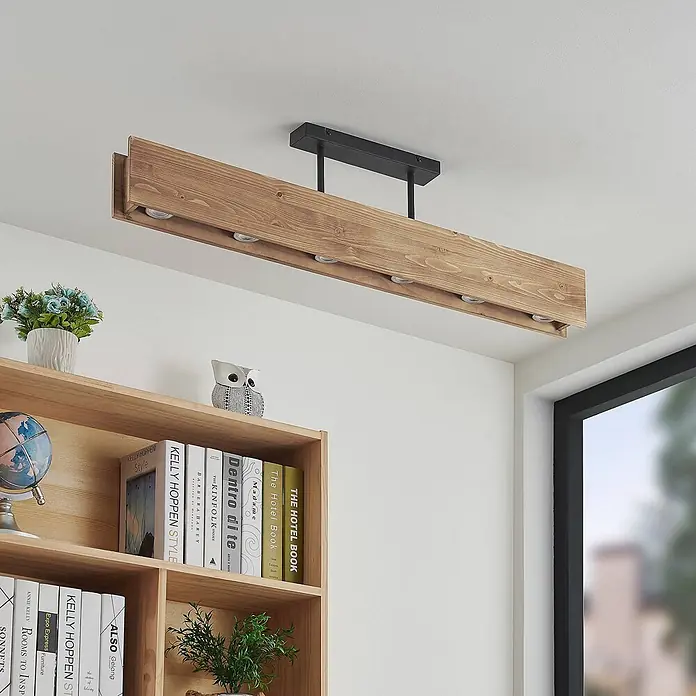 Lindby Deckenleuchte Malwin - L x B x H: 100 x 7 x 25 cm, Holz dunkel, GU10 - Deckenleuchte aus Holz im Balkendesign mit mehreren Strahlern.