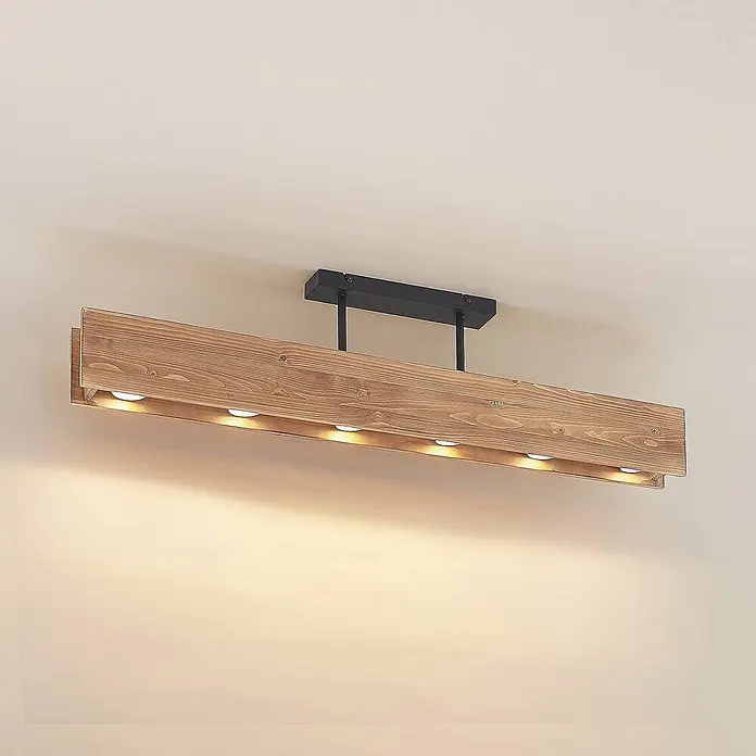 Lindby Deckenleuchte Malwin - L x B x H: 100 x 7 x 25 cm, Holz dunkel, GU10 - Deckenleuchte aus Holzbalken mit schwarzer Metallhalterung und integrierten, nach unten strahlenden Spots.