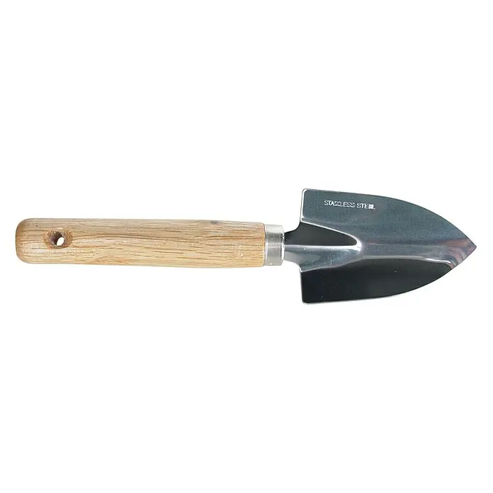 Palote pequeña - Ancho: 4,5 cm - Primer plano de una paleta de acero inoxidable con mango de madera, ideal para jardinería y plantar flores.