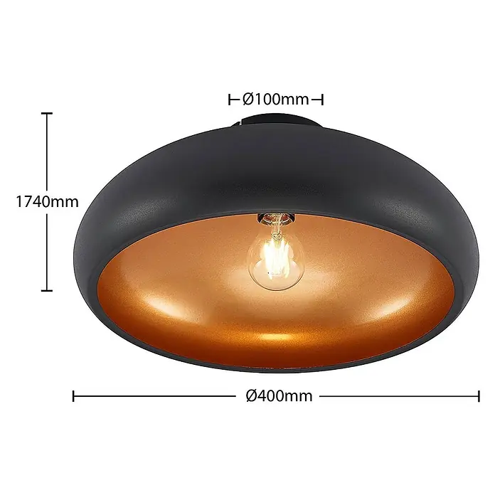 Lindby Deckenleuchte Gerwina - schwarz, E27 - Mattschwarze Pendelleuchte mit kupferfarbener Innenseite und sichtbarer Glühbirne. Maße: Ø400mm, Abhängung 1740mm.