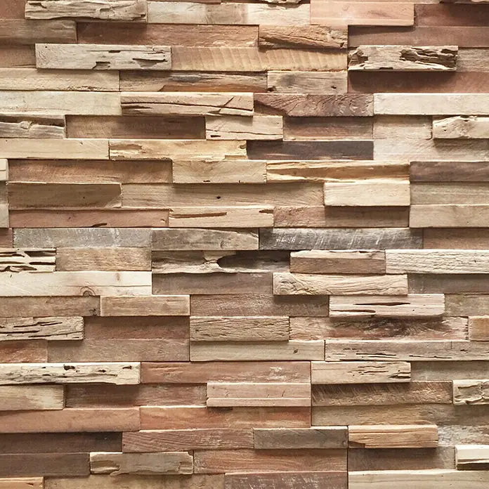 Panel de revestimiento Ultrawood Teca Colorado - 49,5 x 18 x 1,5 cm - Revestimiento de pared de madera recuperada en varios tonos marrones. Diseño rústico para un ambiente cálido y natural en la habitación.