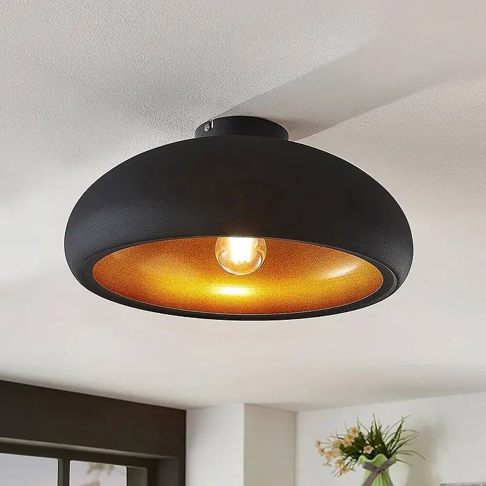 Lindby Deckenleuchte Gerwina - schwarz, E27 - Beleuchtete schwarze Deckenleuchte mit goldener Innenseite.