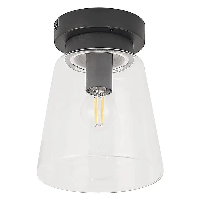 Lindby Deckenleuchte Carmalin - L x B x H: 15 x 15 x 19 cm, schwarz, E14 - Deckenleuchte mit schwarzer Basis, klarem konischem Glasschirm und sichtbarer LED-Filamentlampe.