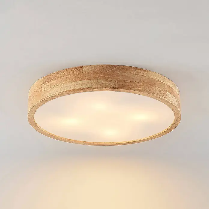 Lindby Deckenleuchte Tanju - Holz hell, E27 - Runde Deckenleuchte mit hellem Holzrahmen und mattweißer Abdeckung, beleuchtet.