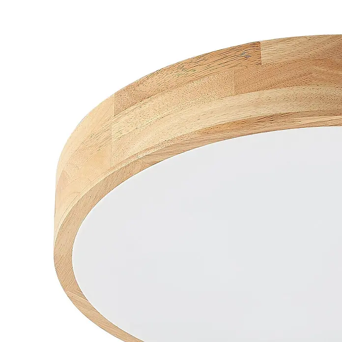 Lindby Deckenleuchte Tanju - Holz hell, E27 - Runde Deckenleuchte mit hellem Holzrand und weißem Diffusor.