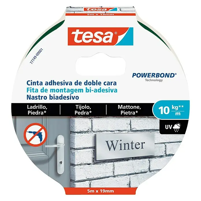 Tesa Powerbond Cinta de doble cara Ladrillo/Piedra - 1,9 cm x 5 m - Cinta de montaje Tesa Powerbond para ladrillo y piedra, cinta adhesiva de doble cara, 5m x 19mm, ideal para montaje permanente en interiores y exteriores.