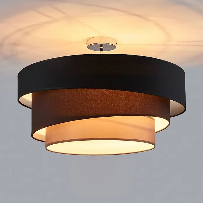 Lindby Deckenleuchte Melia - schwarz, E27 - Mehrlagige Deckenleuchte aus Stoff in Schwarz, Braun und Beige mit Chromhalterung. Spendet warmes Licht.
