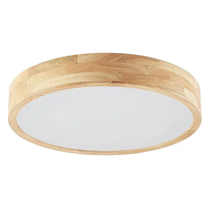 Lindby Deckenleuchte Tanju - Holz hell, E27 - Runde Deckenleuchte mit hellem Holzrahmen und weißem Diffusor.
