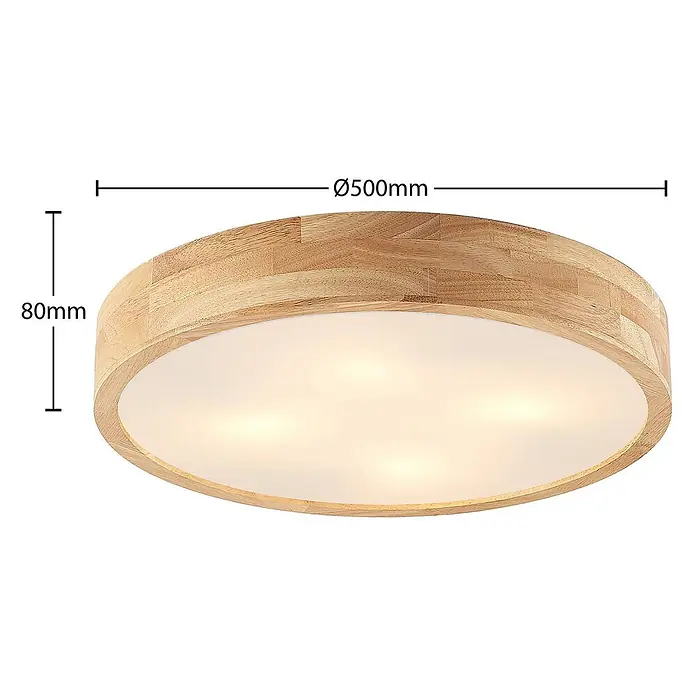 Lindby Deckenleuchte Tanju - Holz hell, E27 - Runde Deckenleuchte mit hellem Holzrahmen und mattweißer Diffusorplatte, Ø500mm, 80mm hoch.