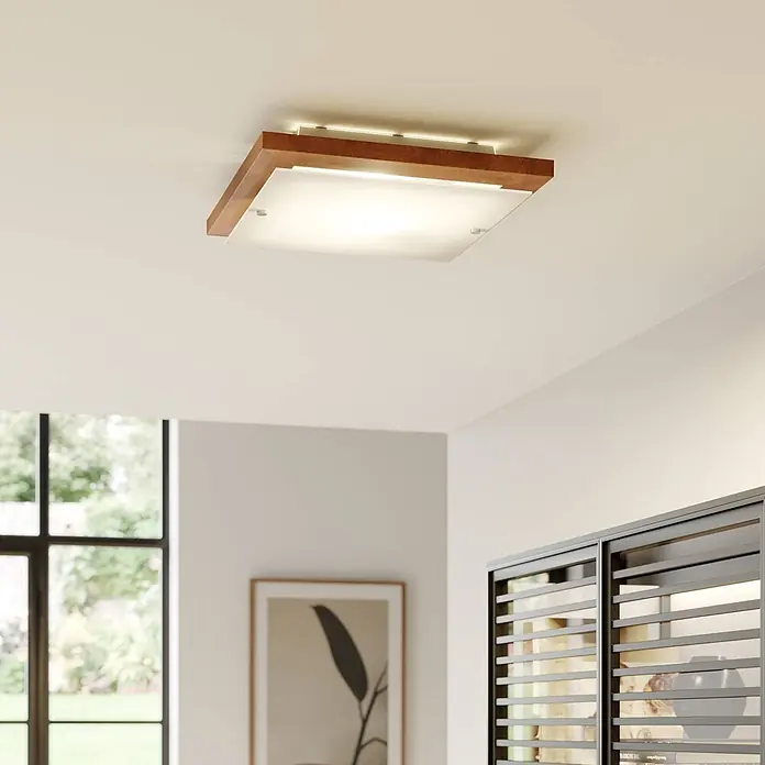 Envostar Deckenleuchte Kerio - Holz dunkel, E27 - Quadratische Deckenleuchte mit hellbraunem Holzrahmen und Milchglasdiffusor, für direktes und indirektes Licht.