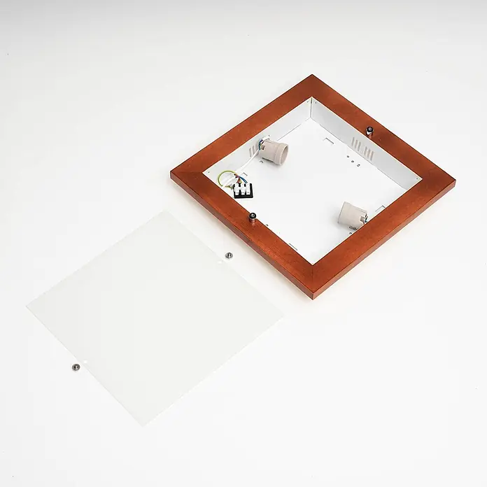 Envostar Deckenleuchte Kerio - Holz dunkel, E27 - Zerlegte quadratische Deckenleuchte: brauner Holzrahmen, weißes Interieur mit zwei Fassungen und transparenter Diffusor.