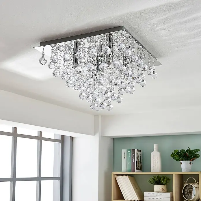 Lindby Deckenleuchte Annica - chrom / silber, klar / transparent, E14 - Quadratische Kristall-Deckenleuchte mit hängenden Kristallperlen und -kugeln.