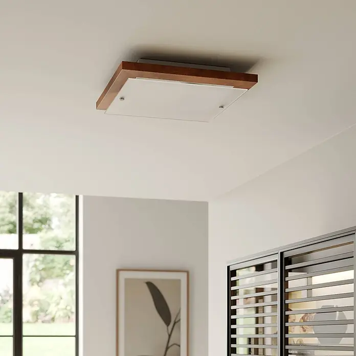Envostar Deckenleuchte Kerio - Holz dunkel, E27 - Rechteckige Deckenleuchte mit dunklem Holzrahmen und weißem Diffusor, an der Decke in einem modernen Raum montiert.