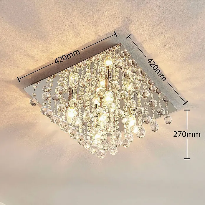 Lindby Deckenleuchte Annica - chrom / silber, klar / transparent, E14 - Quadratische Kristall-Deckenleuchte mit vielen Kristalltropfen und verspiegeltem Sockel, 420mm breit, 270mm hoch.