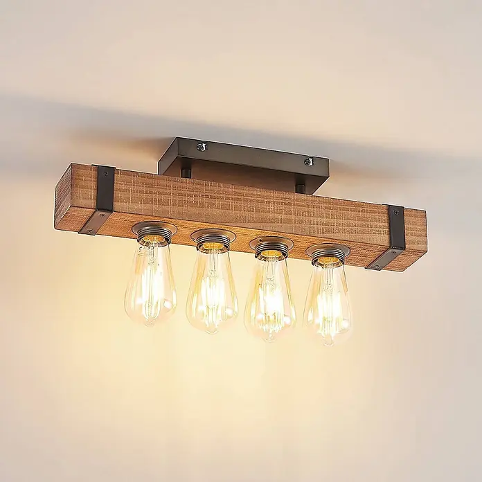 Lindby Deckenleuchte Sverina - L x B x H: 46 x 8 x 12 cm, Holz dunkel, E27 - Rustikale Deckenleuchte mit Holzbalken, dunklen Metallakzenten und vier freiliegenden Edison-Glühbirnen, auf dunklem Metallsockel.