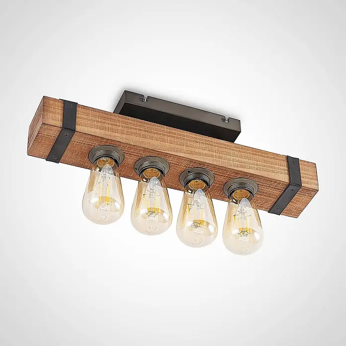 Lindby Deckenleuchte Sverina - L x B x H: 46 x 8 x 12 cm, Holz dunkel, E27 - Deckenleuchte aus rustikalem Holzbalken mit schwarzen Metallakzenten und vier bernsteinfarbenen Edison-LED-Glühbirnen.