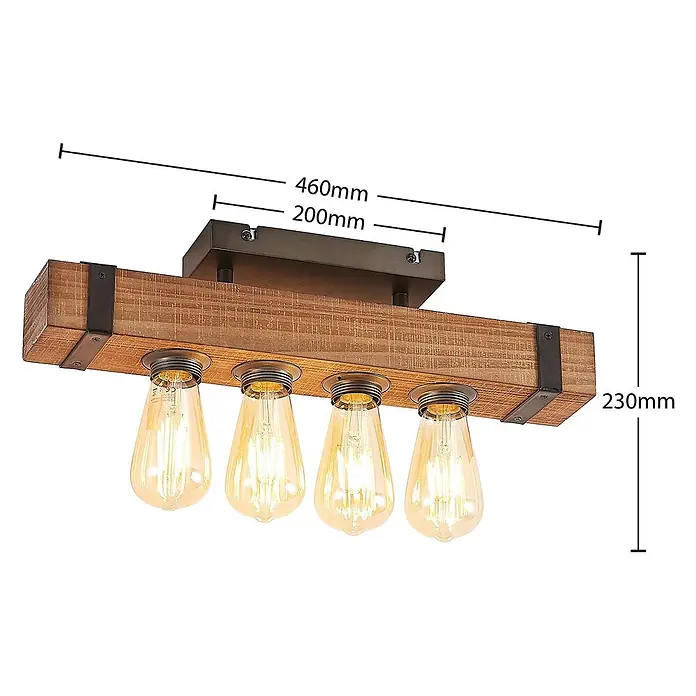 Lindby Deckenleuchte Sverina - L x B x H: 46 x 8 x 12 cm, Holz dunkel, E27 - Deckenleuchte mit rustikalem dunklem Holzbalken, dunkler Metallbasis und vier freiliegenden Vintage-Edison-Glühbirnen.