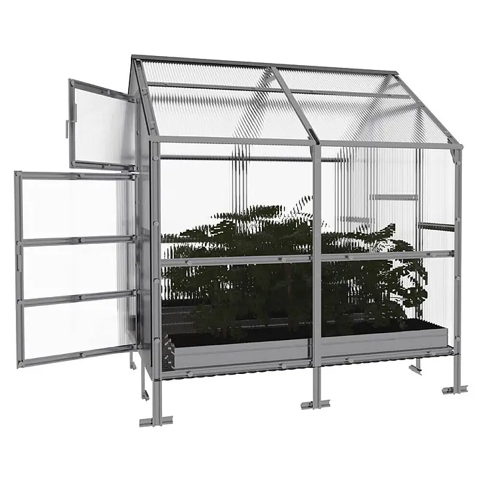 Klasika Greenhouses Gewächshaus Bernard Klasika - Außenmaß inkl. Dachüberstand (B x T): 235 x 200 cm, Material Seitenwand: Kunststoff, 4 mm, Silbergrau - Graues Aluminium-Gewächshaus mit durchsichtigen Wellplatten, offener Tür und Dachluke, enthält Pflanzen.