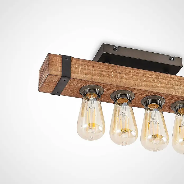 Lindby Deckenleuchte Sverina - L x B x H: 46 x 8 x 12 cm, Holz dunkel, E27 - Rustikale Deckenleuchte aus Holzbalken mit dunklen Metallakzenten und mehreren Vintage-LED-Glühbirnen.