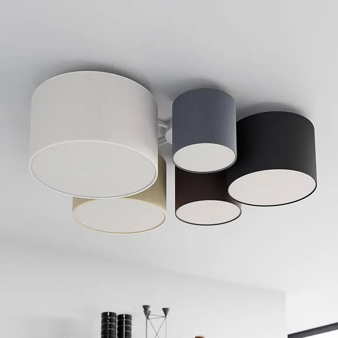 Lindby Deckenleuchte Laurenz - alu / grau / zink, E27 - Moderne Deckenleuchte mit fünf zylindrischen Stoffschirmen in Weiß, Beige, Dunkelgrau, Schwarz und Braun.