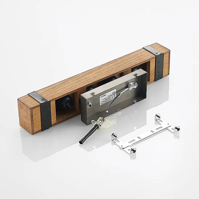 Lindby Deckenleuchte Sverina - L x B x H: 46 x 8 x 12 cm, Holz dunkel, E27 - Demontierte rechteckige Holzleuchte mit schwarzen Metallhalterungen, zeigt silberne Montageplatte und Verkabelung.