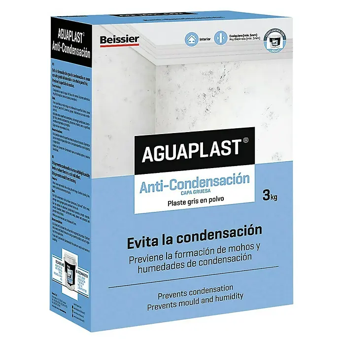 Beissier Aguaplast Plaste en polvo Anti Condensación - Gris, 3 kg - Aquí está la pintura anticonsación AGUAPLAST, diseñada para evitar la condensación, el moho y la humedad. Adecuado para uso en interiores.