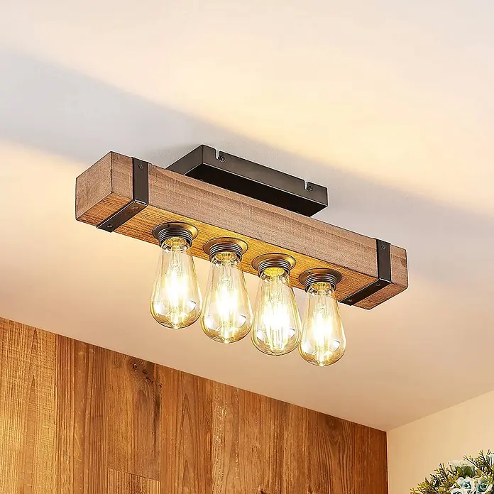 Lindby Deckenleuchte Sverina - L x B x H: 46 x 8 x 12 cm, Holz dunkel, E27 - Deckenleuchte im Industriestil mit Holzbalken und vier sichtbaren Edison-Glühbirnen.